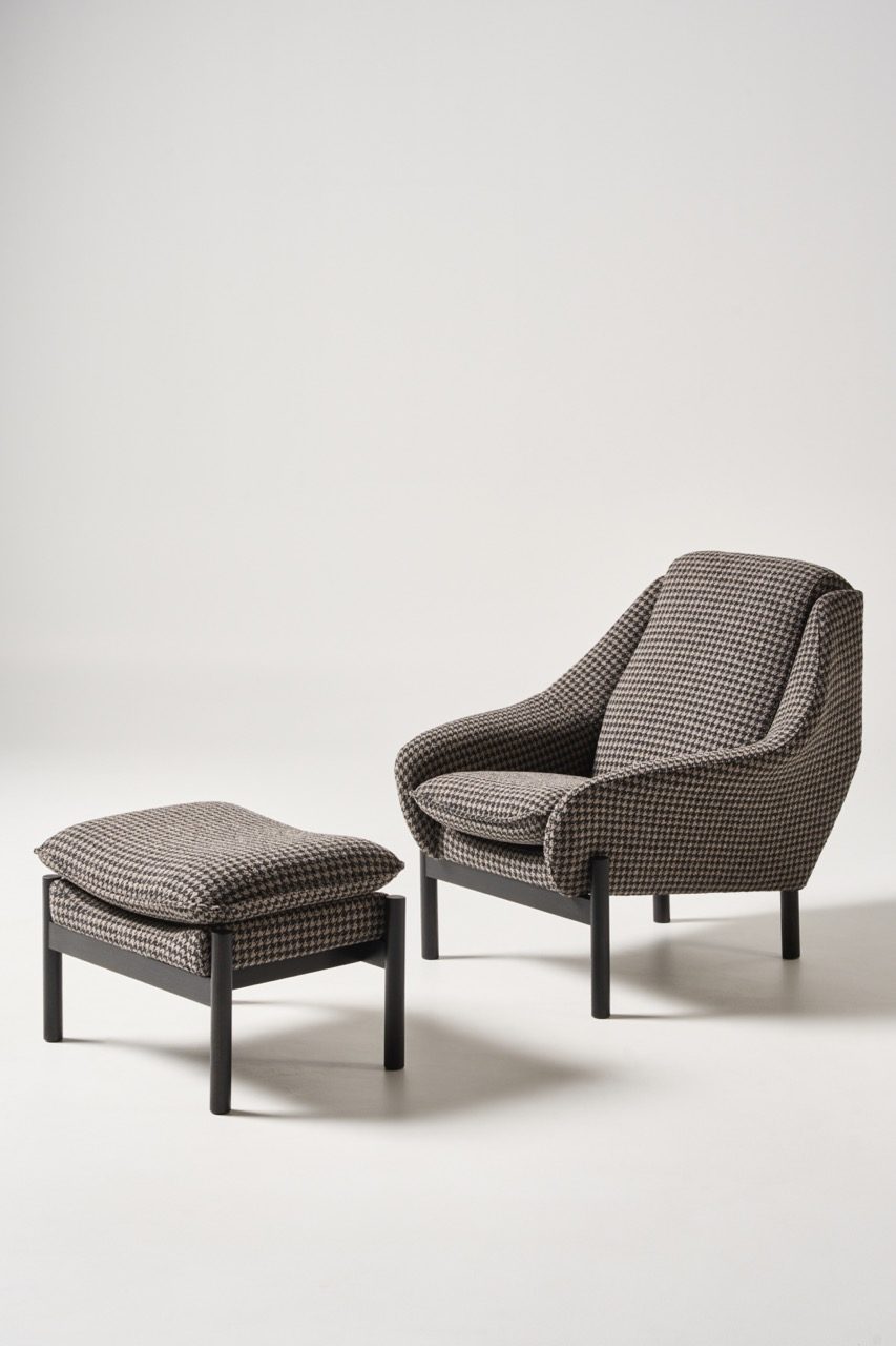 nikki chair and ottoman with black stain base and custom upholstery