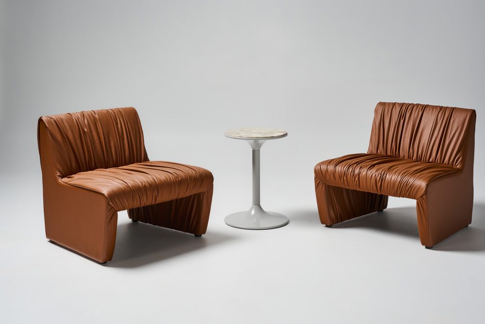 Reeno chairs in ruched tan leather and tall porter side table with aurora fiorita stone top and transformer grey pc legs