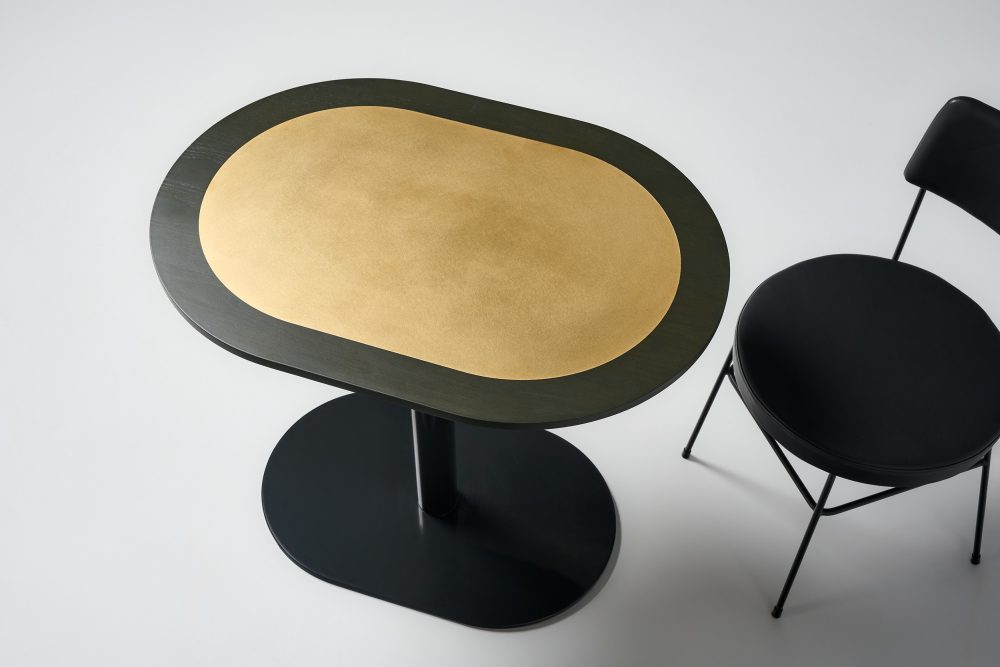 pillar cafe table with solid timber top and brass inlay