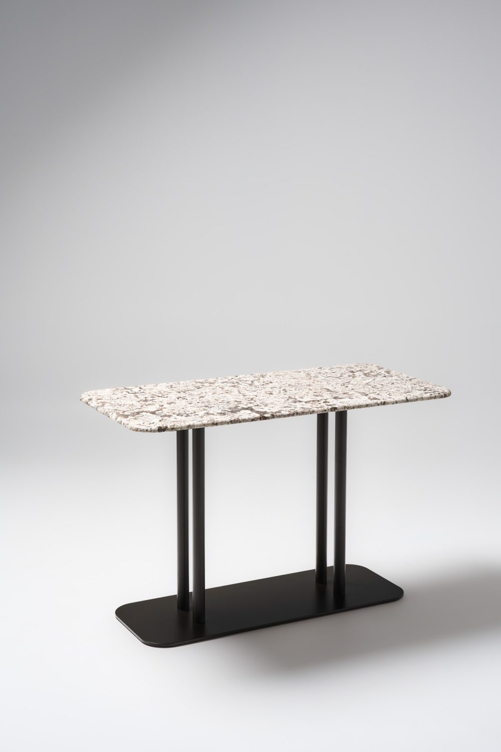 Pillar rectangular table 1400l x 700W x 900h with luna stone top and dark bronze pc legs