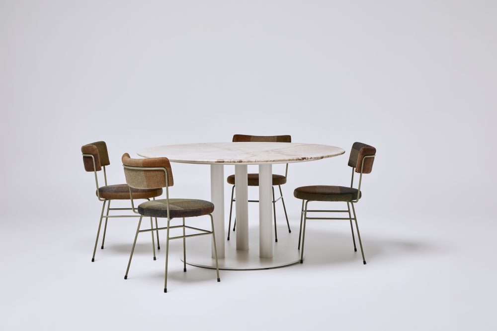 triple pillar dining table 1400dia with aurora stone top