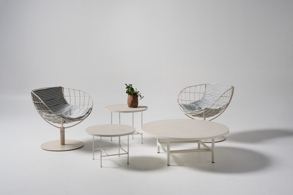 anchor tables and summer swivel chairs in custom upholstery
