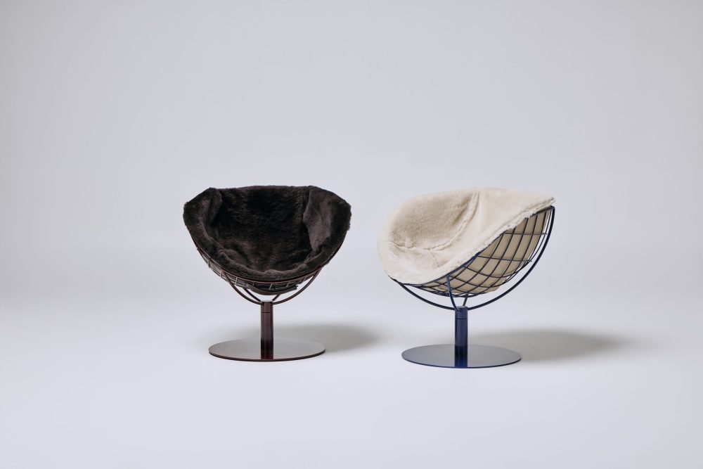 winter chair in claret pc and chocolate sheepskin and storm pc and cream sheeppskin