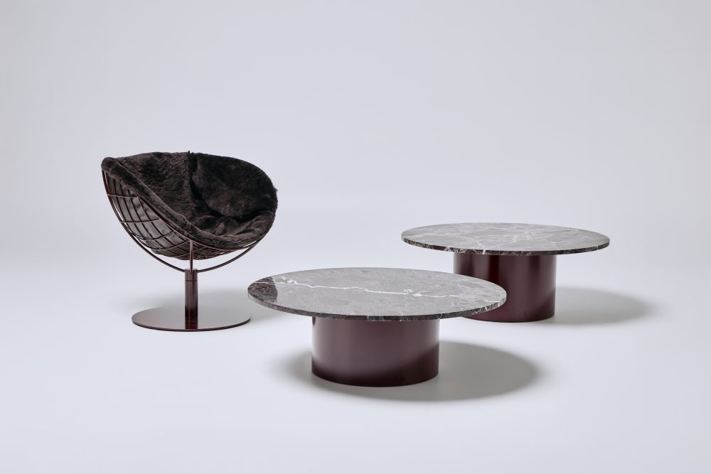 winter chair in claret pc chocolate sheepskin and rosso stone coffee table