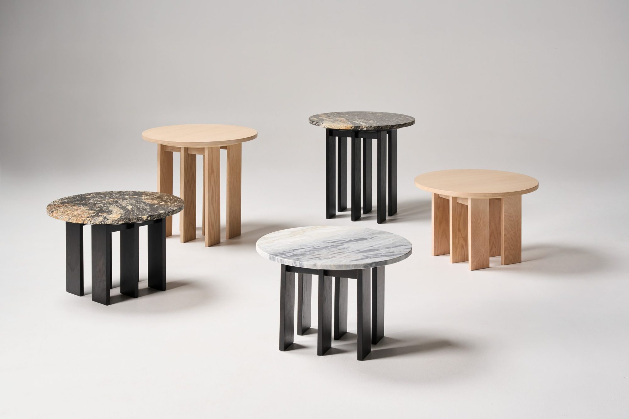 Soldier side tables stone and timber tops