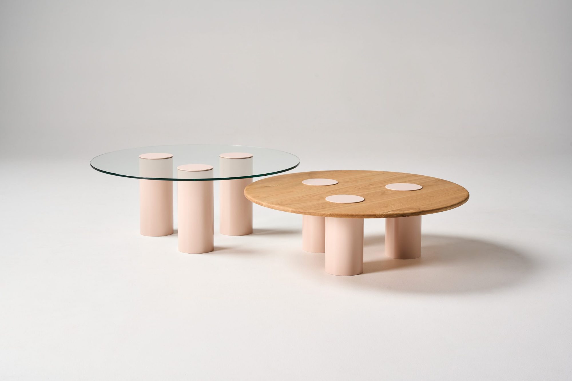 clear glass and solid american oak Ivy coffee tables with pink sands PC
