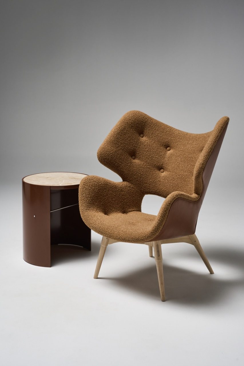 Featheston Curl up chair in house leather and Instyle cocoon upholstery stamp side table in earth PC