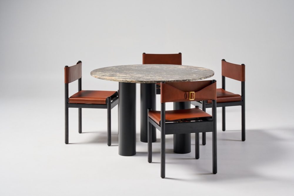 Hobb dining chairs in black timber stain and tan saddle leather