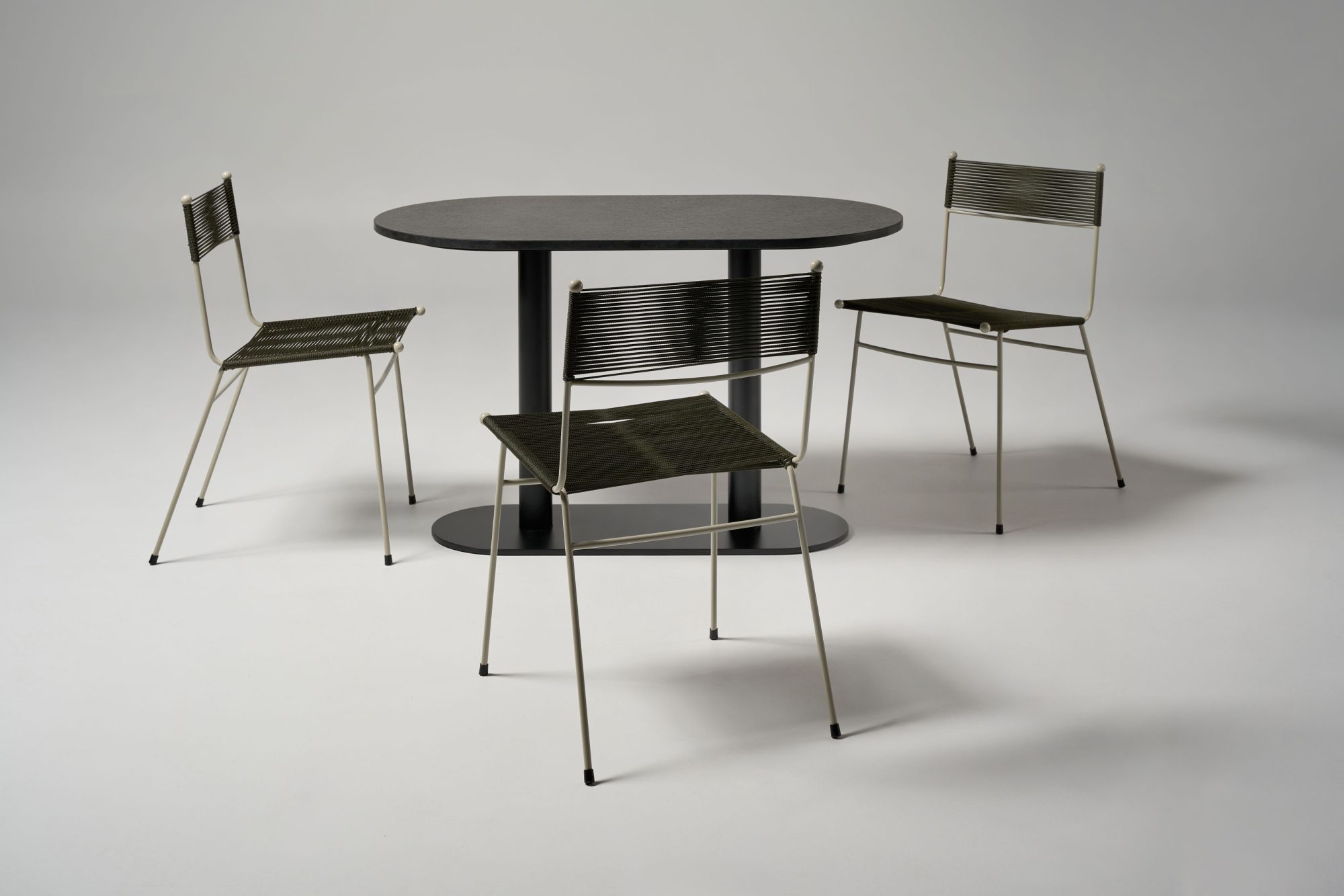 Meadmore Corded Chairs 1951 Drift pc & olive rope with Pillar Table