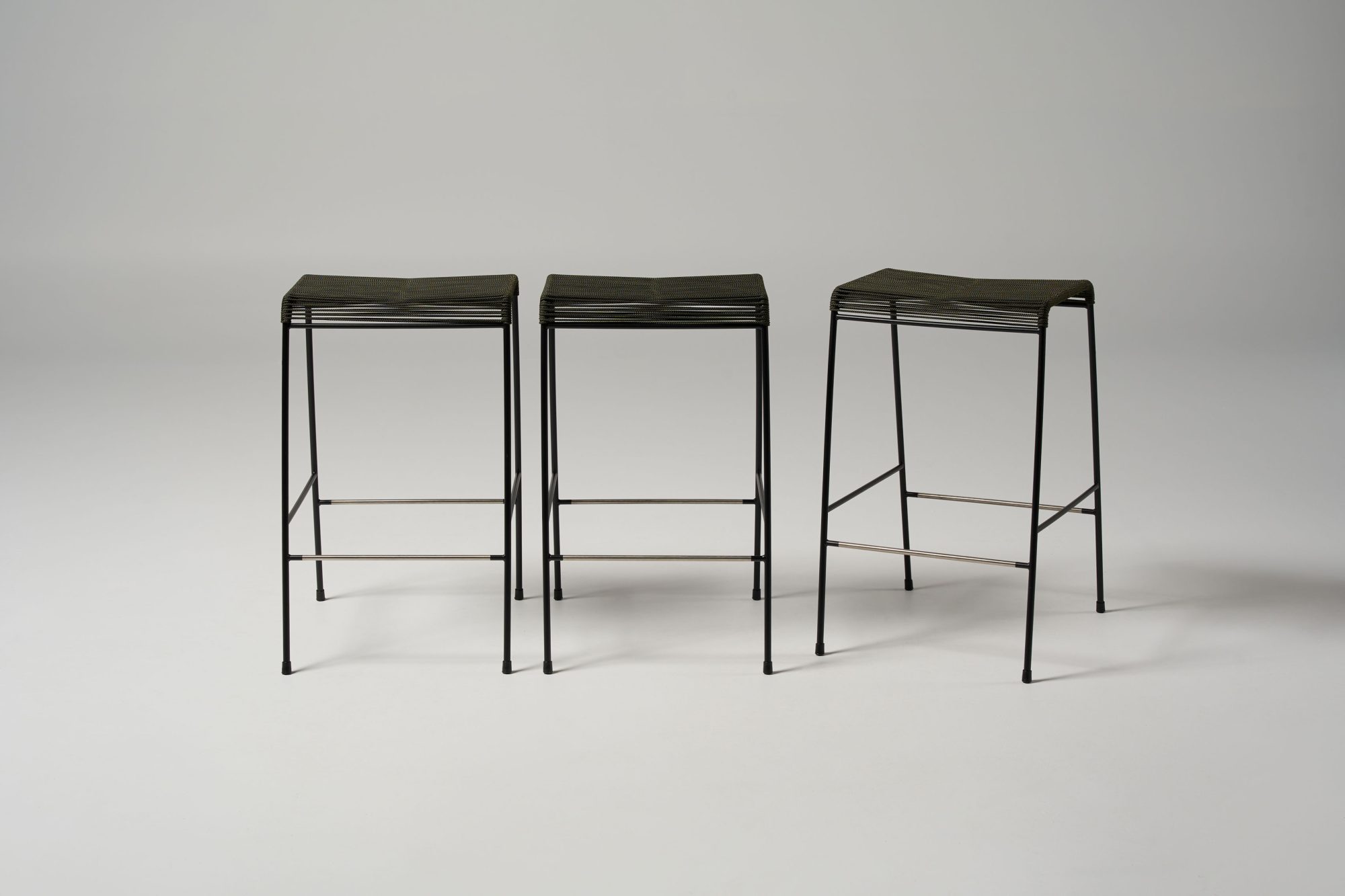 Meadmore Corded Stool 1952 black pc with olive green rope (1)