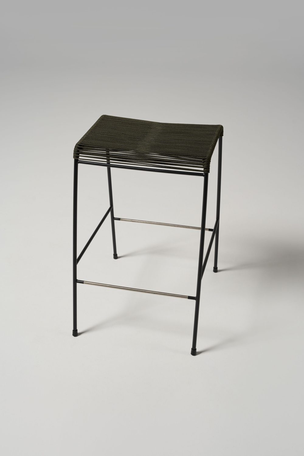 Meadmore Corded Stool 1952 black pc with olive green rope (2)