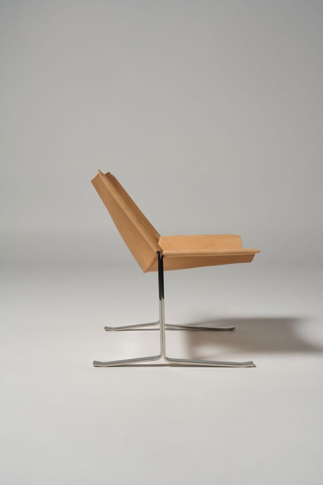 Meadmore Sling Chair Model 248 1963 polished stainless steel with tan saddle leather