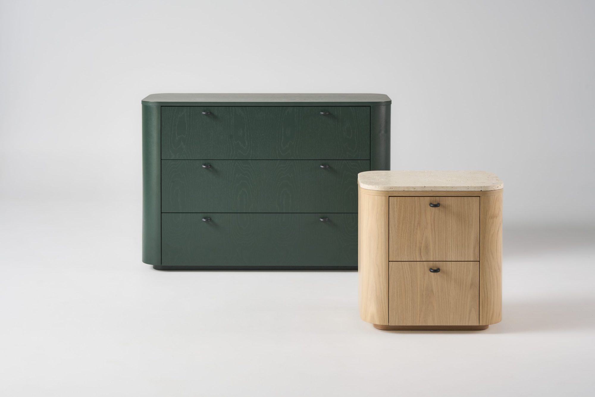Orla Chest of Drawers in Finnegan Green + Orla Side table in Frost with stone top